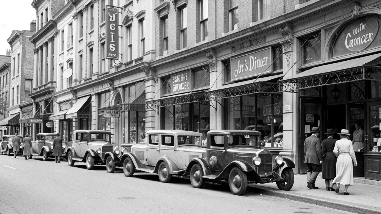 Black and white vintage street scene before AI colorizing