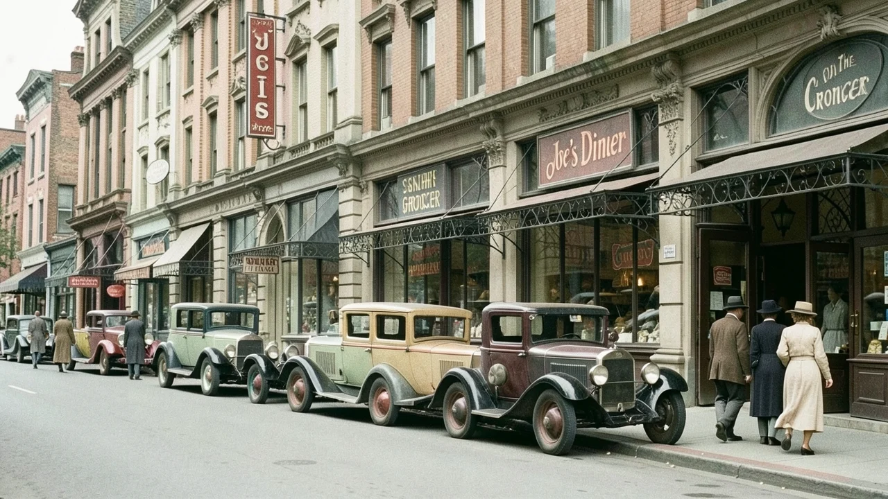 Vintage street scene colorized with Pixazo AI video colorizer