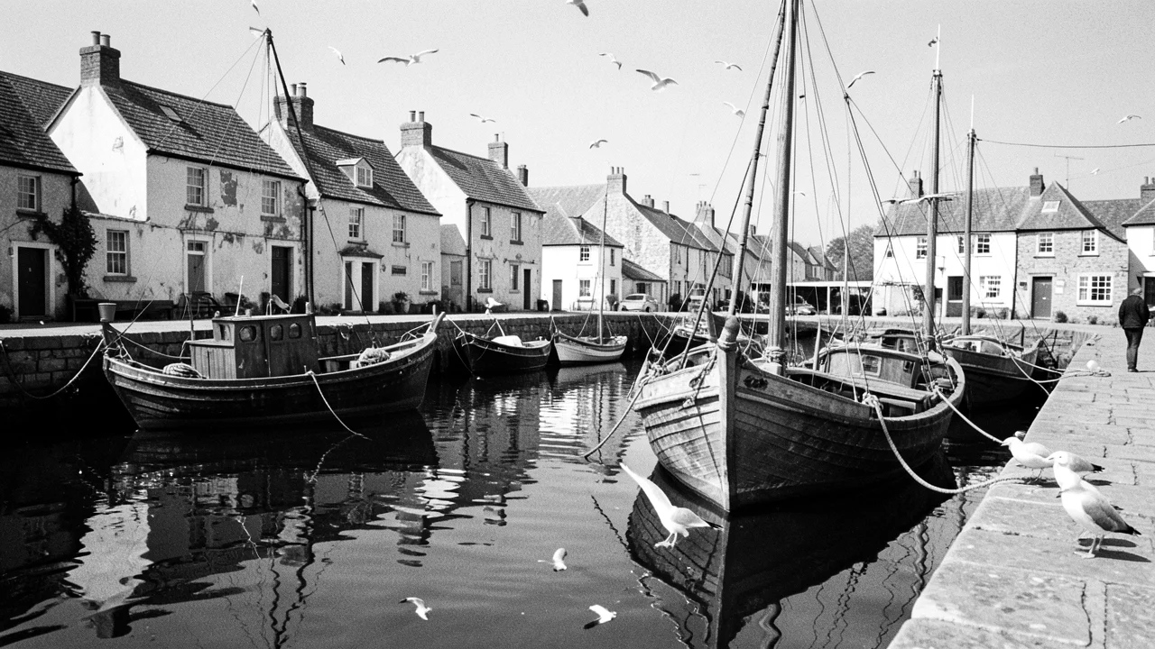 Black and white seaside harbour before AI colorizing