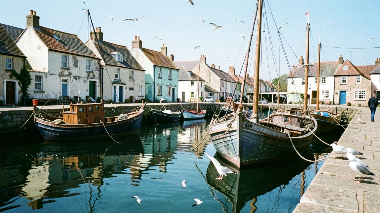 Seaside harbour colorized with daylight blues and golden tones by Pixazo AI