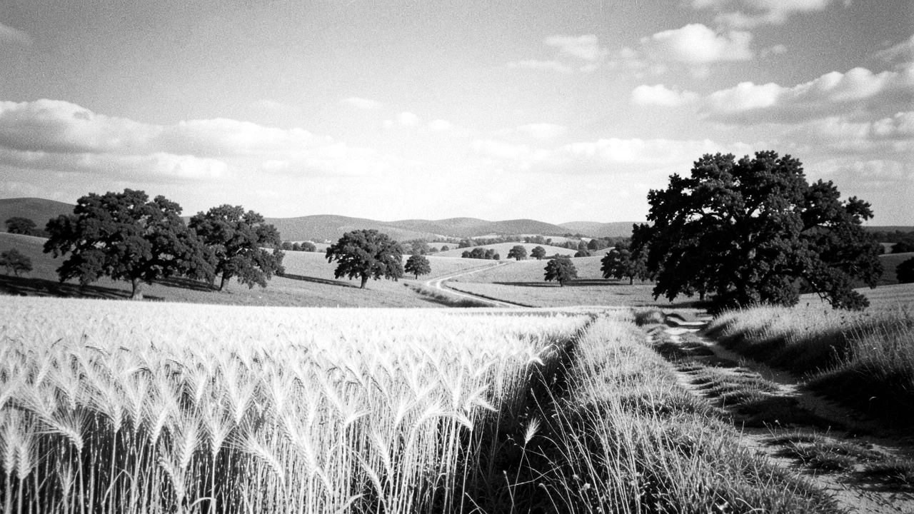 Black and white countryside field before AI colorizing