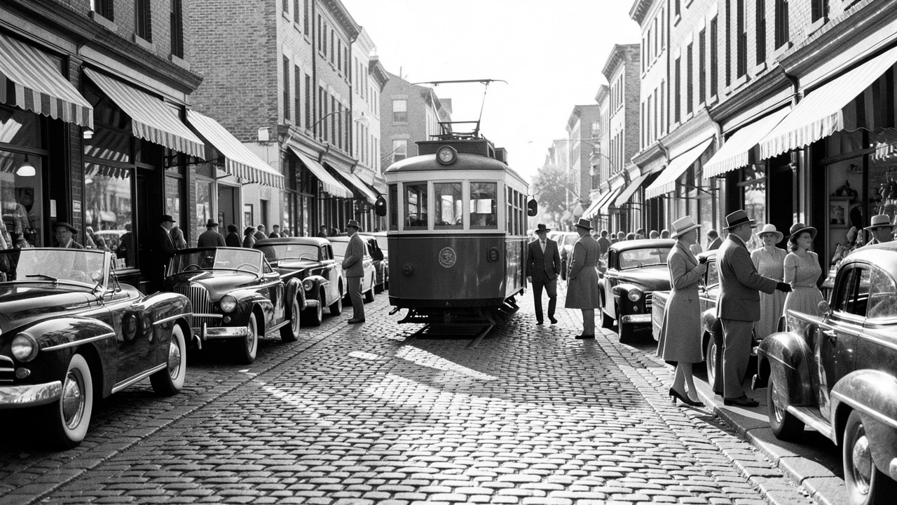 Black and white film still of a 1950s city street before colorizing