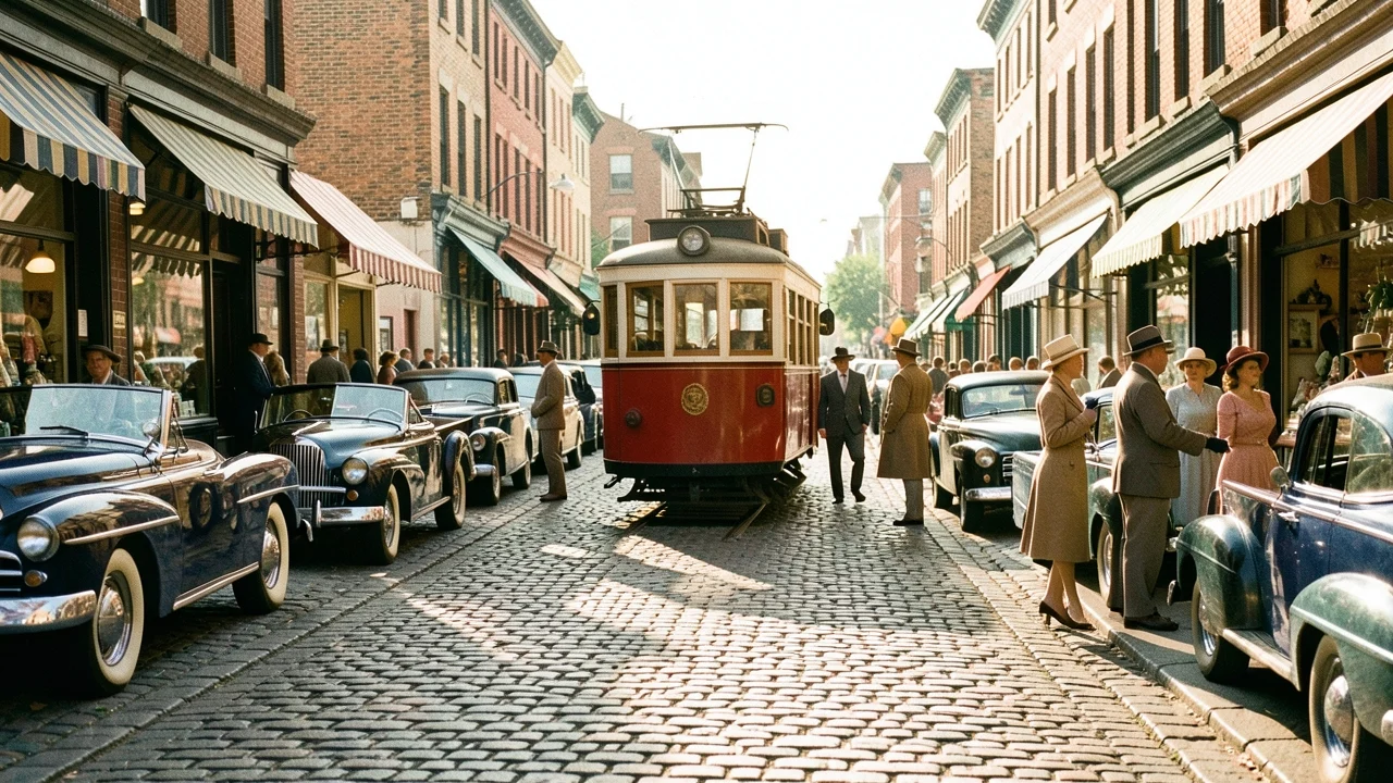 The same 1950s street scene colorized — black and white video to color with Pixazo AI
