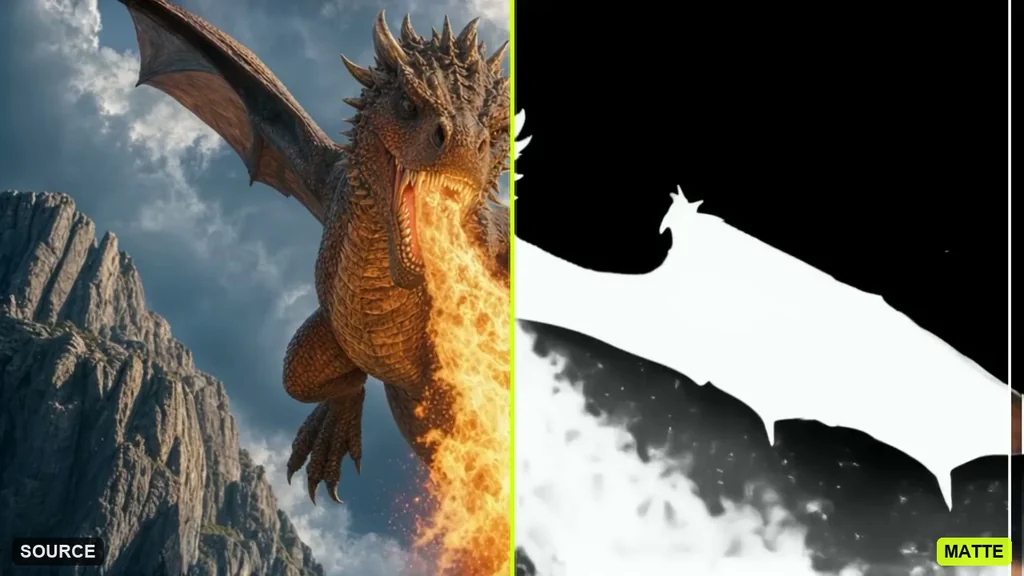 AI roto before and after — a winged creature source plate turned into a clean white-on-black alpha matte by Pixazo