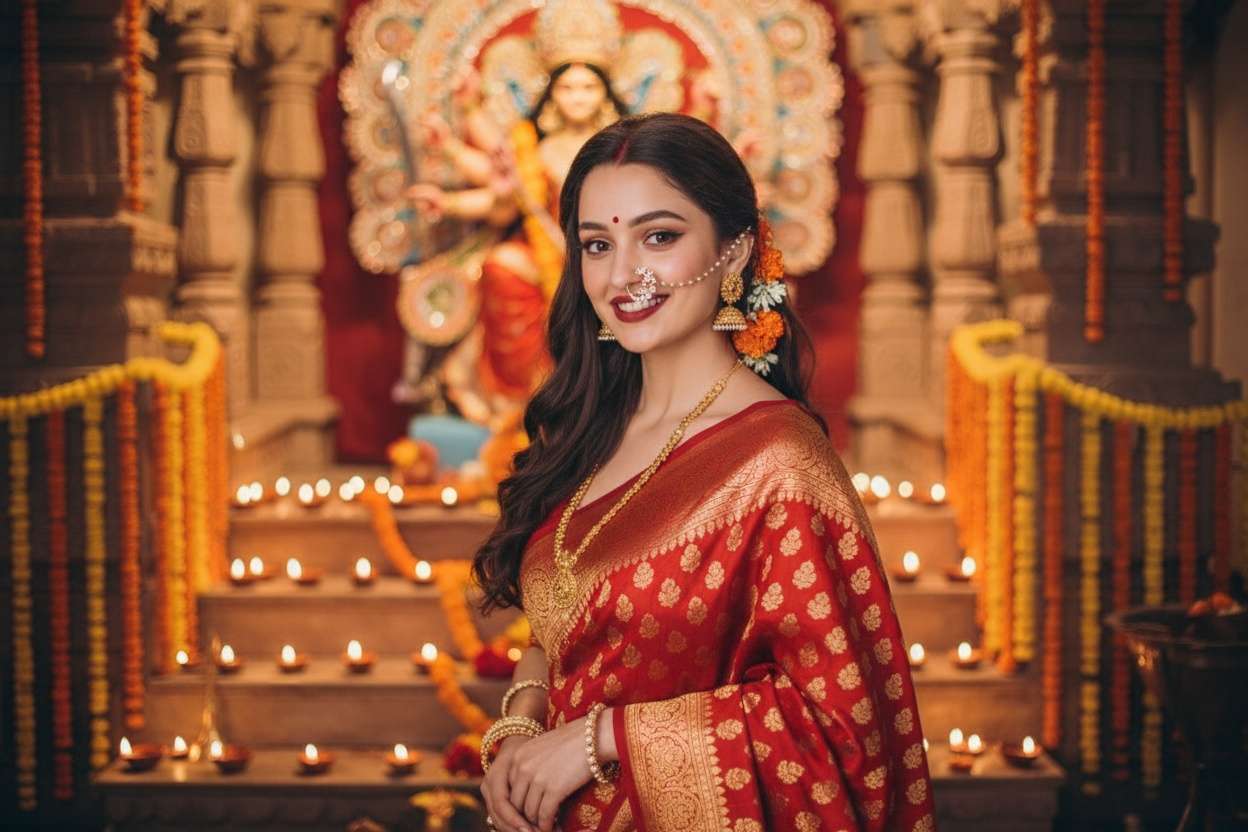 Red Banarasi Saree with Temple Backdrop