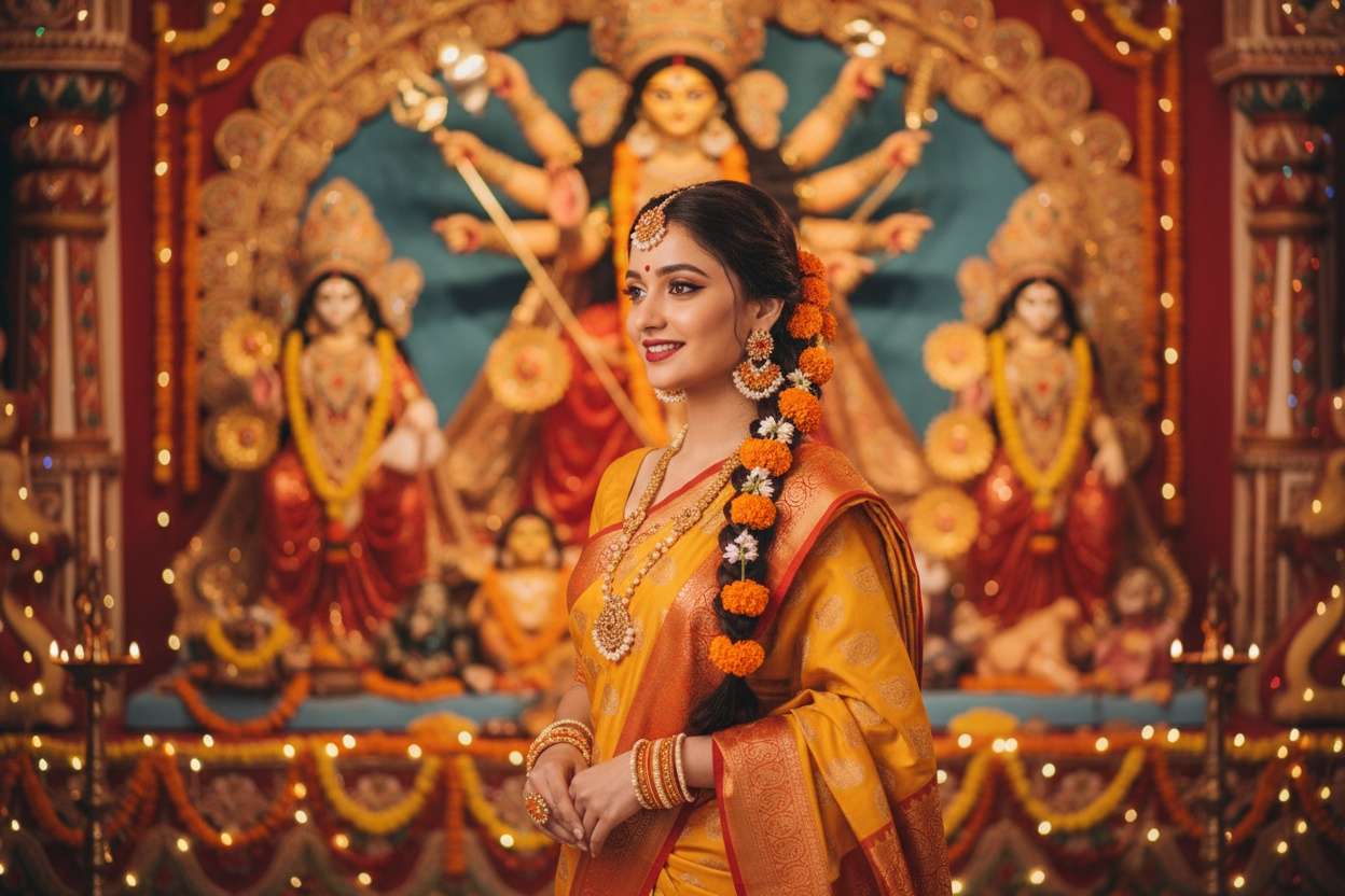 Yellow & Orange Saree with Floral Accessories