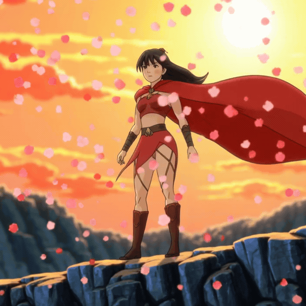 Anime style young warrior girl with a flowing red cape standing on a cliff at sunset while cherry blossom petals swirl around her, dramatic wind