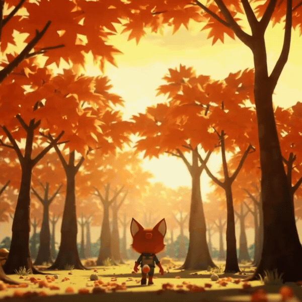 Stylized 3D fox character in a tiny explorer outfit walking through a glowing autumn forest at golden hour, Pixar style animation