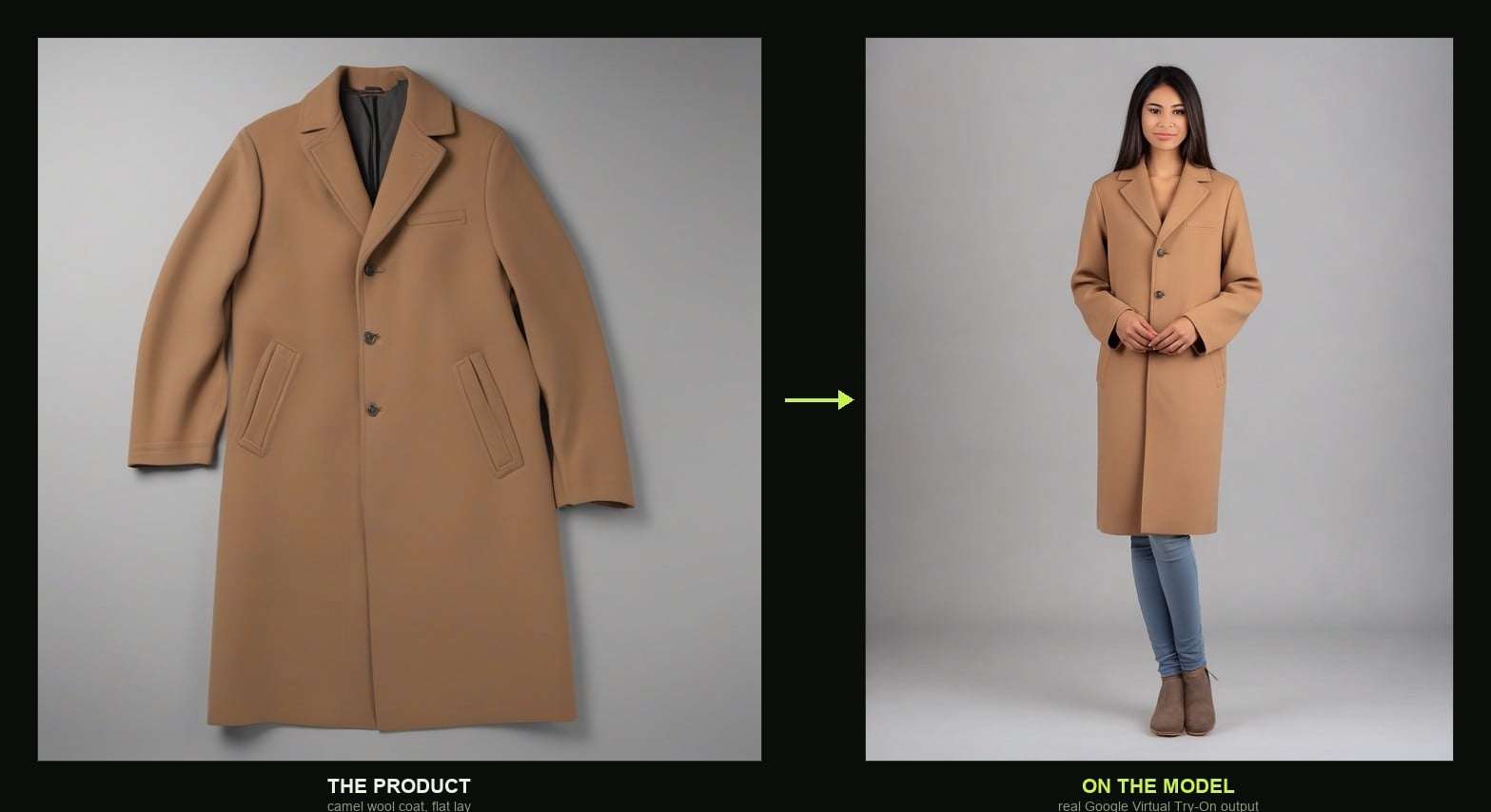 Google Virtual Try-On API output: a camel coat flat-lay rendered onto a person