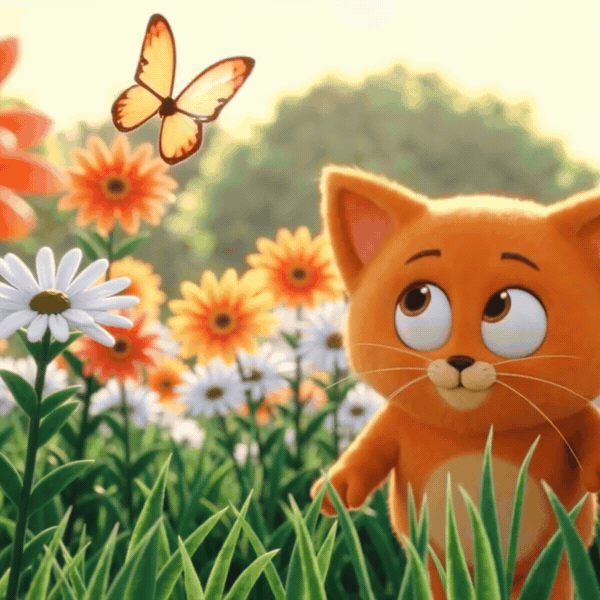 3D Pixar style animation of a chubby orange kitten happily chasing a glowing butterfly through a sunny wildflower meadow, soft cinematic lighting