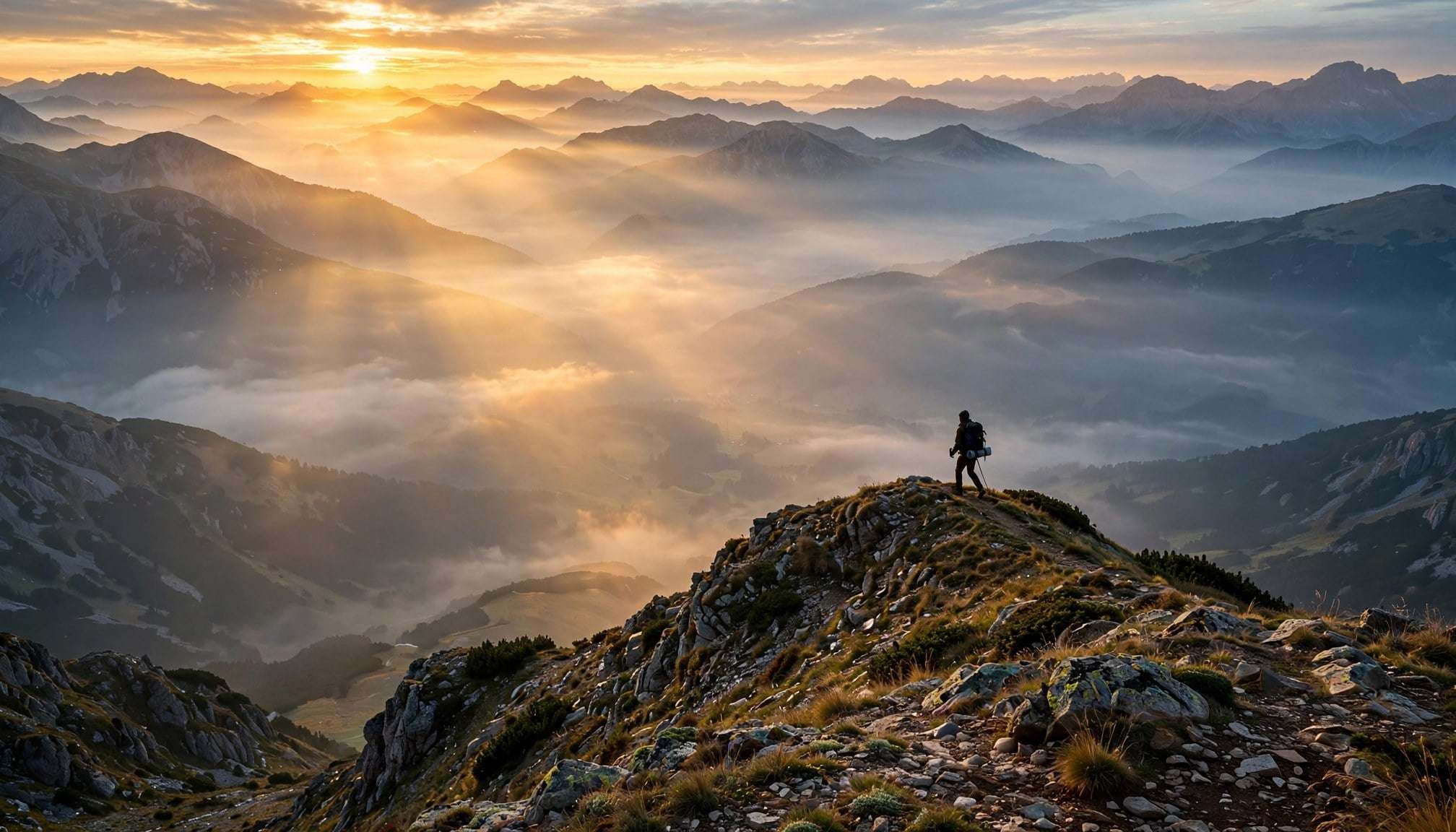 A real Muse Image API landscape output of misty mountains at sunrise
