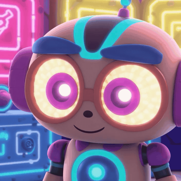 Cute cartoon robot with big glowing eyes waving hello in a cozy neon-lit workshop, Pixar style 3D animation