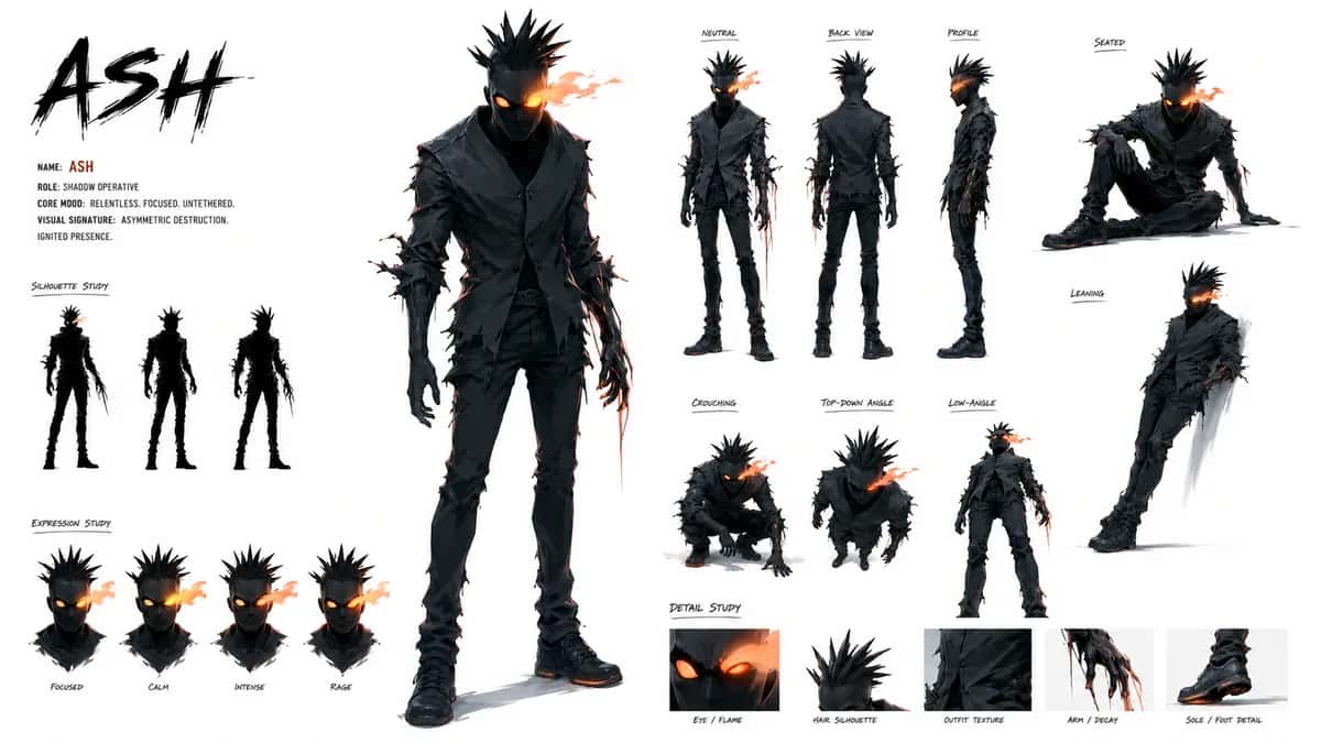 Ash — free AI character sheet by Kōda