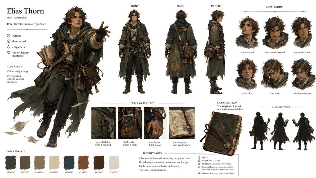 Elias — free AI character sheet by Kōda