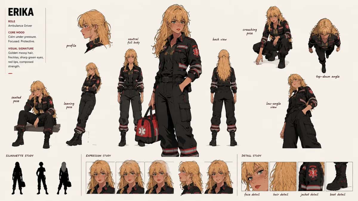 Erika — free AI character sheet by Kōda