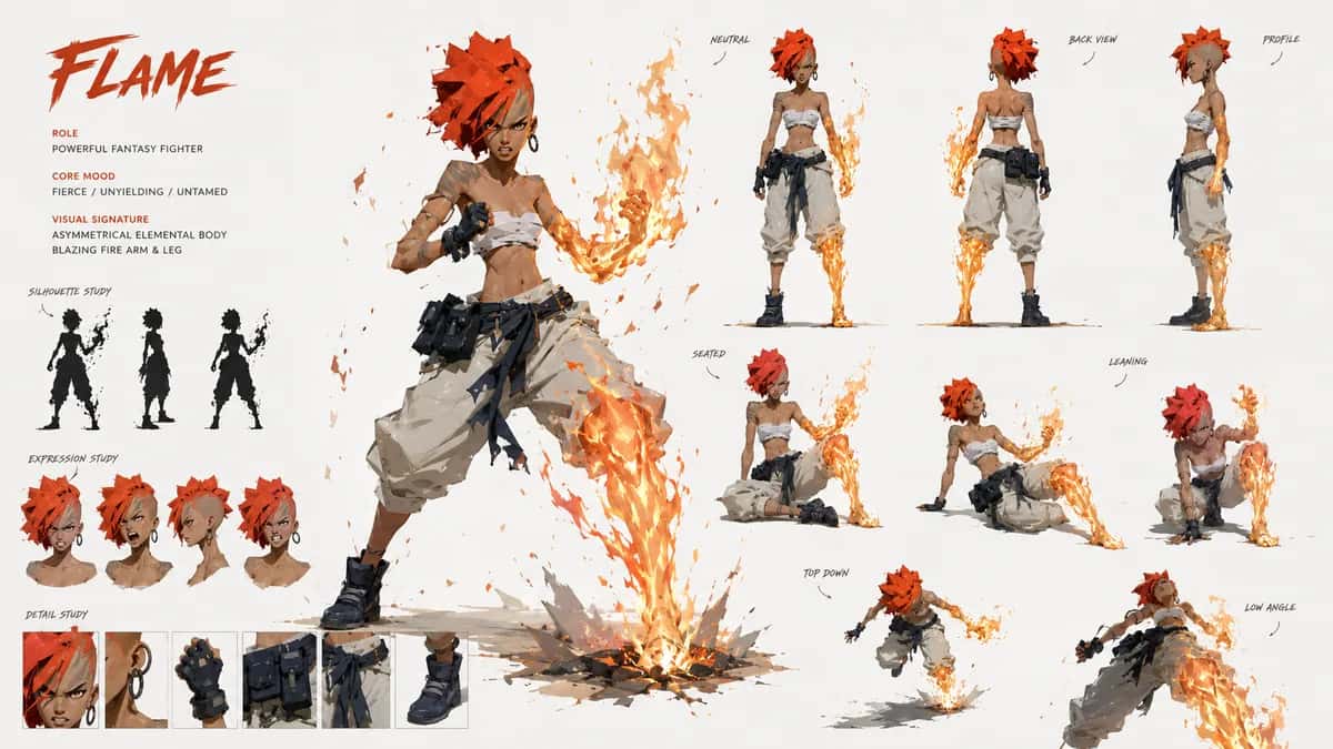 Flame — free AI character sheet by Kōda