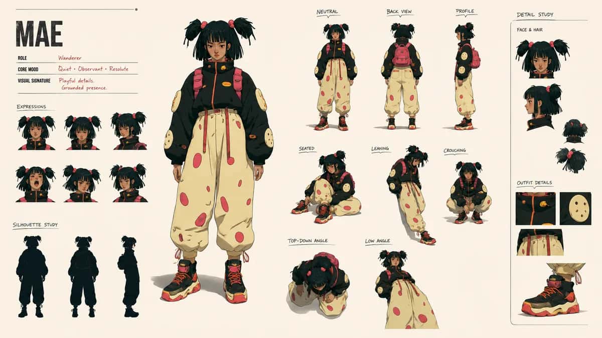 Mae — free AI character sheet by Kōda