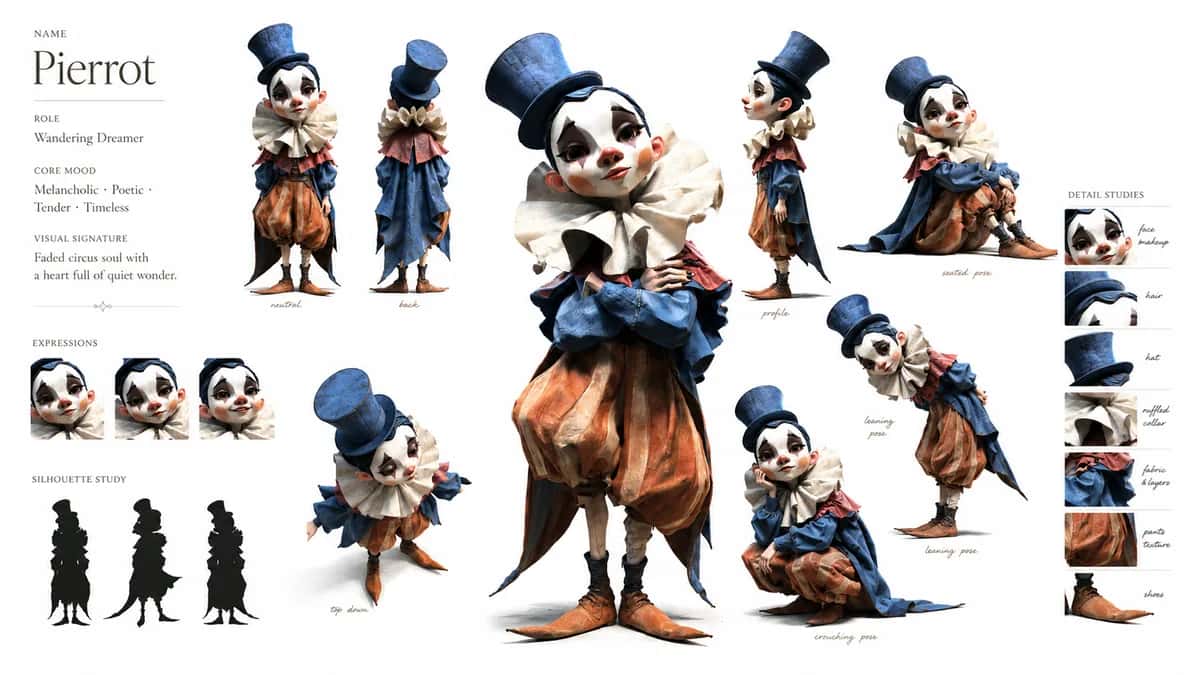 Pierrot — free AI character sheet by Kōda