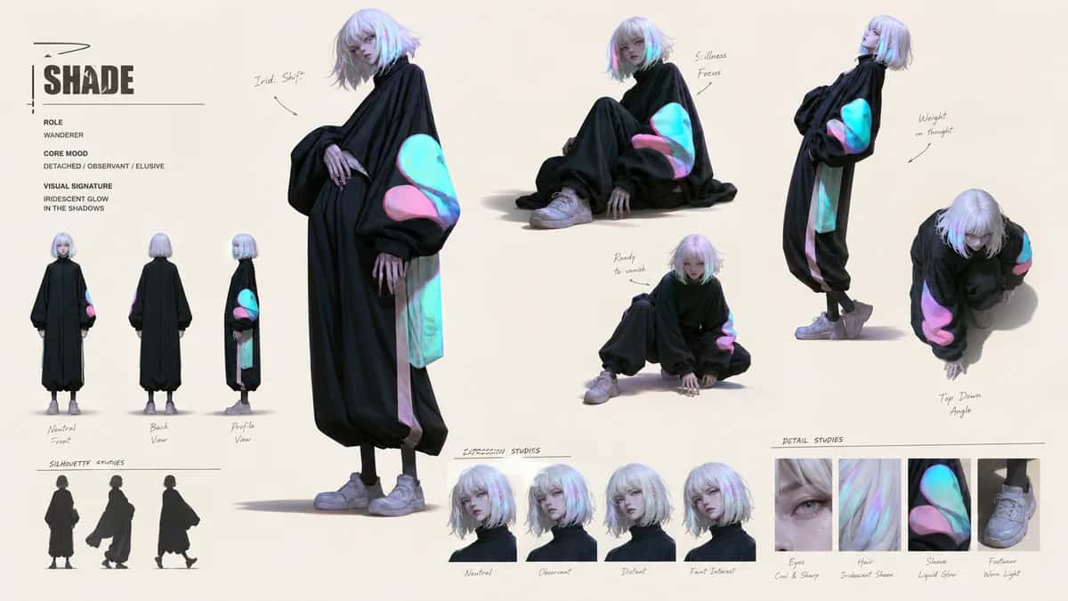 Shade — free AI character sheet by Kōda