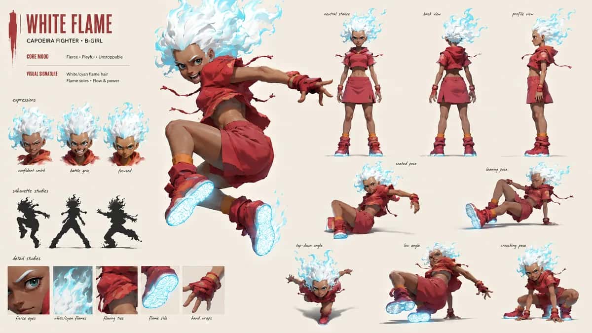 Whiteflame — free AI character sheet by Kōda