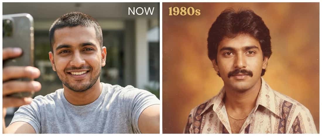 Before and after: a modern selfie of an Indian man next to his 1980s Bollywood hero portrait with feathered hair and a moustache
