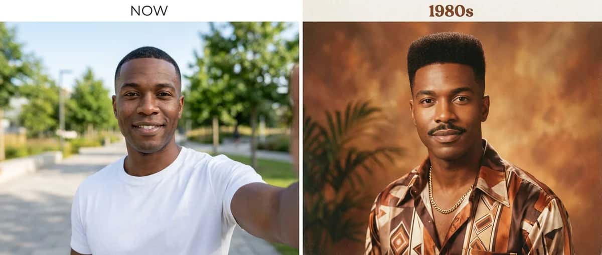 Before and after: a modern selfie of a man next to his 1980s AI portrait with a high-top fade and moustache