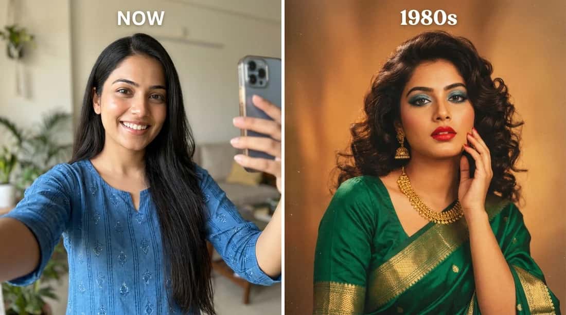 Before and after: a modern selfie of an Indian woman next to her 1980s Bollywood heroine portrait in an emerald saree
