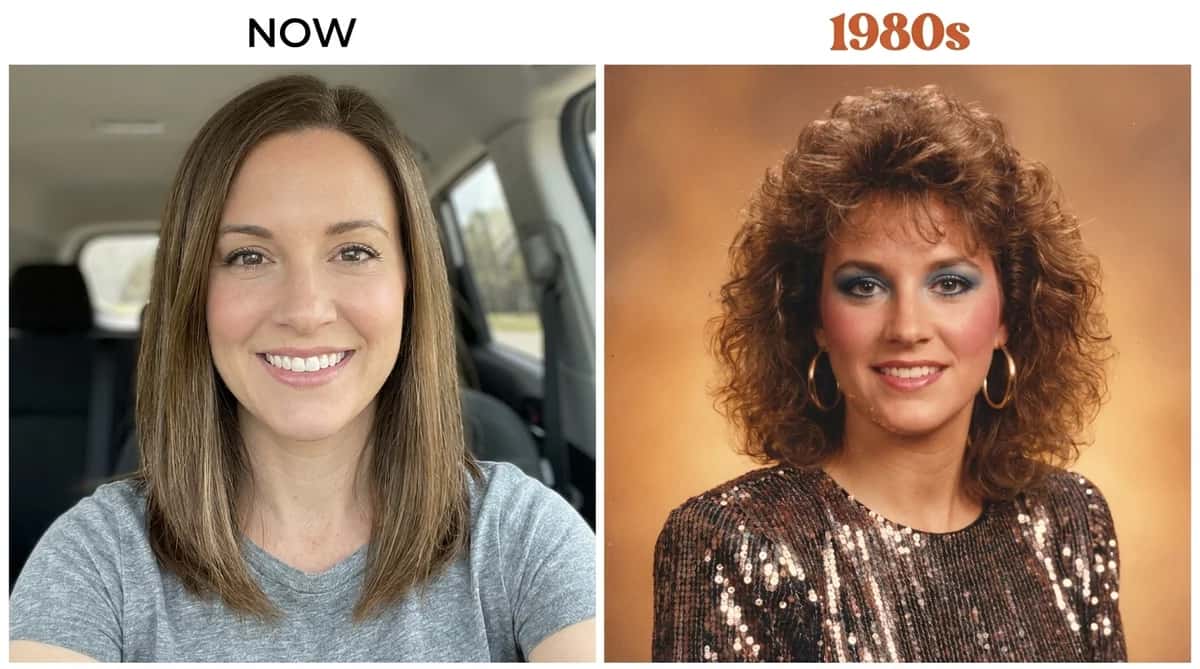 Before and after: a modern selfie of a woman next to her 1980s AI portrait with permed hair and blue eyeshadow