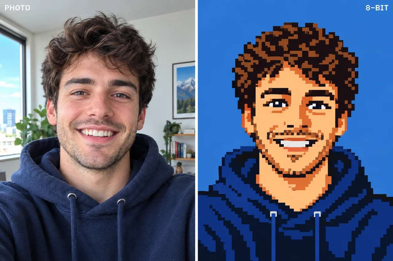 Before and after: a real selfie turned into an 8-bit pixel-art game character portrait with AI