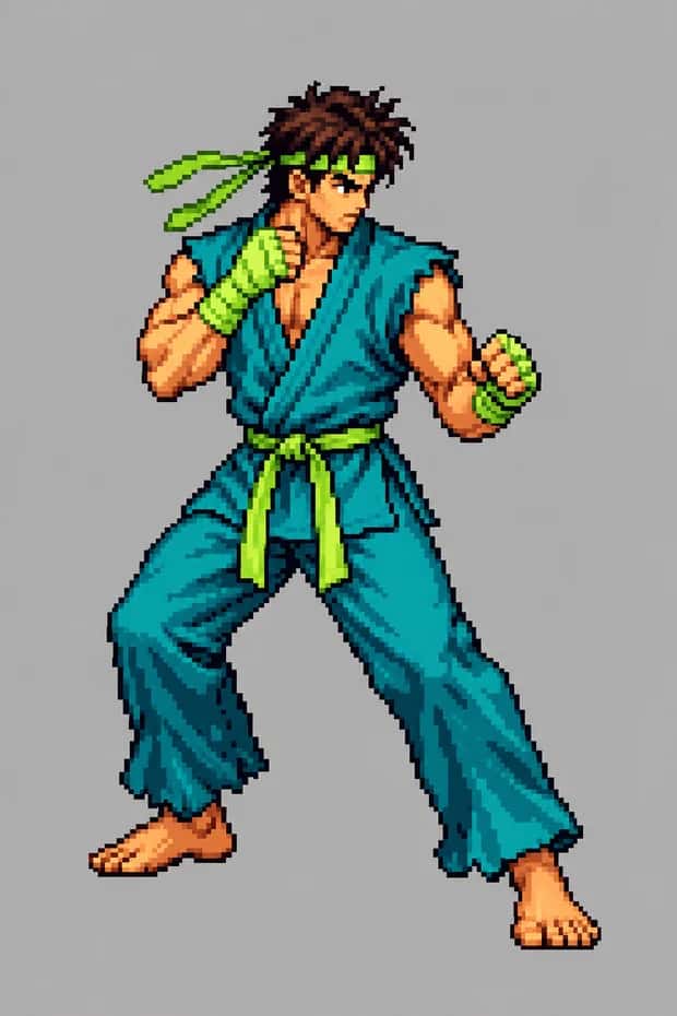 A 16-bit fighting-game character sprite in a fighting stance generated with GPT Image 2.5