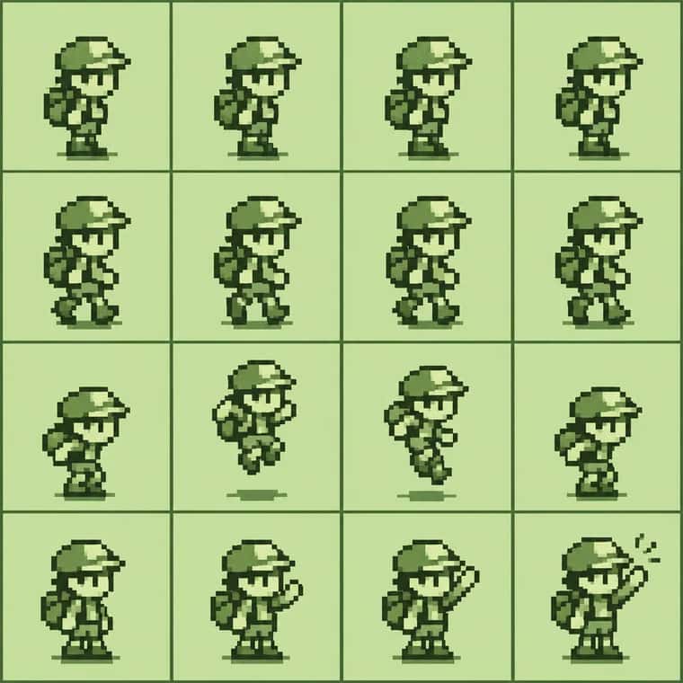A Game Boy green monochrome 8-bit sprite sheet of an explorer character