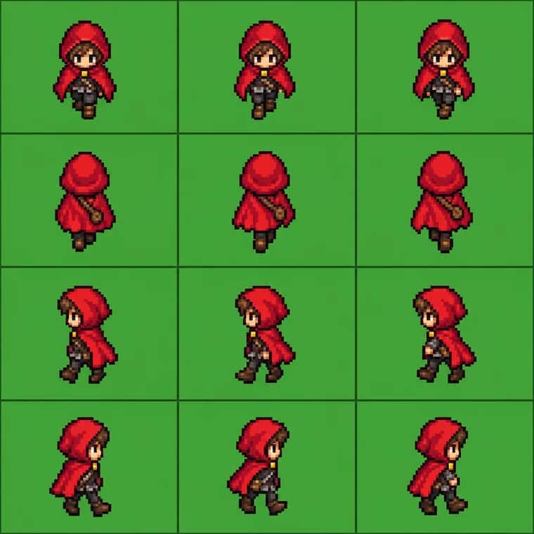 A 16-bit top-down RPG overworld sprite sheet of a red-cloaked adventurer walking in four directions