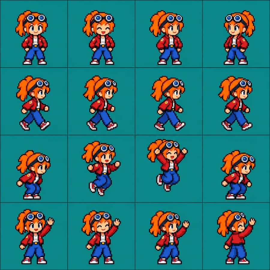 An 8-bit pixel-art 4x4 sprite sheet of a retro game character in idle, walk, jump and wave frames