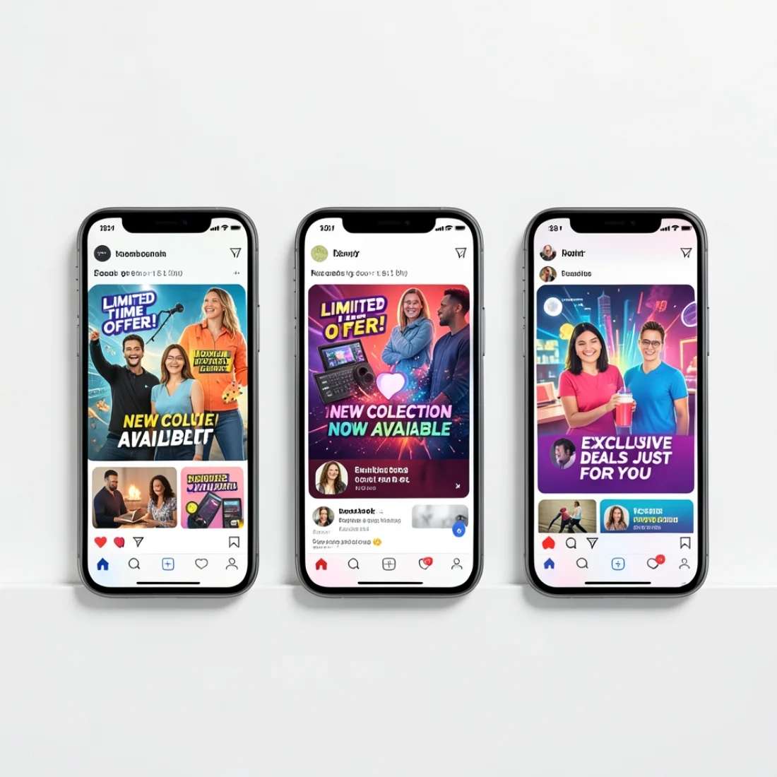 Three phones showing colourful social media ad creatives made with AI