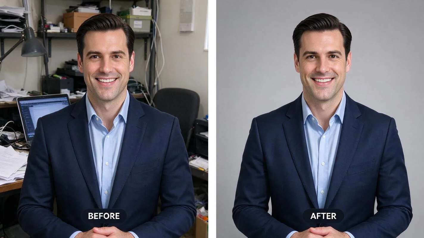 A headshot shown before and after an AI background change, from a cluttered room to a clean studio backdrop, made with Pixazo AI
