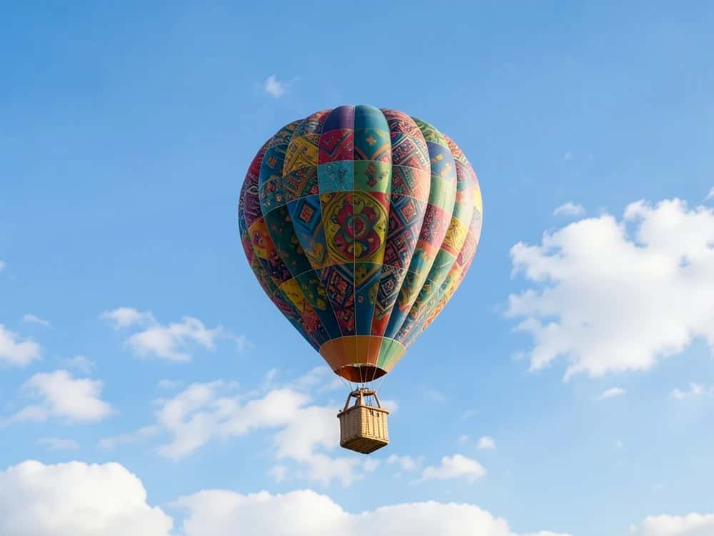 A hot air balloon with extra sky added around it by AI outpainting, created with Pixazo AI
