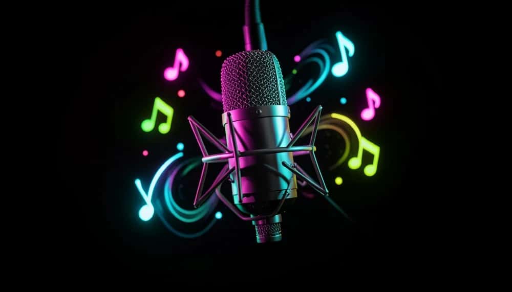 Neon studio microphone with music notes for AI vocal generation