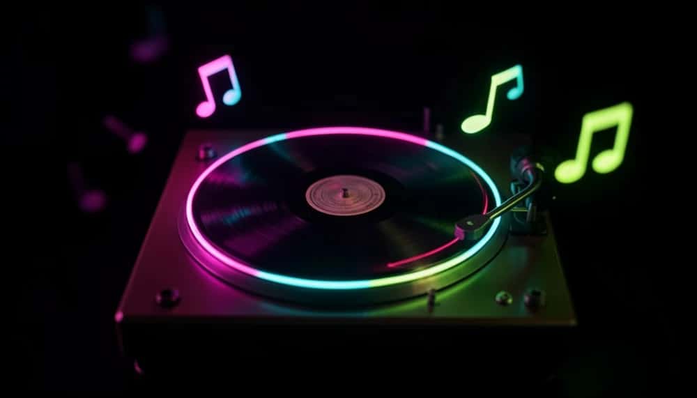 Glowing neon vinyl record on a turntable symbolising AI-generated music