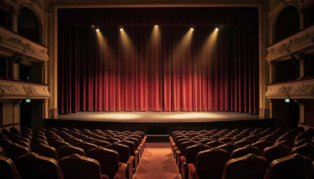 Empty theatre stage with red curtains ahead of a ticketed performance