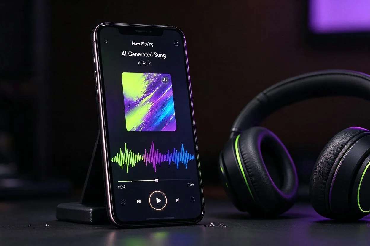 A phone playing an AI-generated song with a colourful waveform, made with Pixazo AI