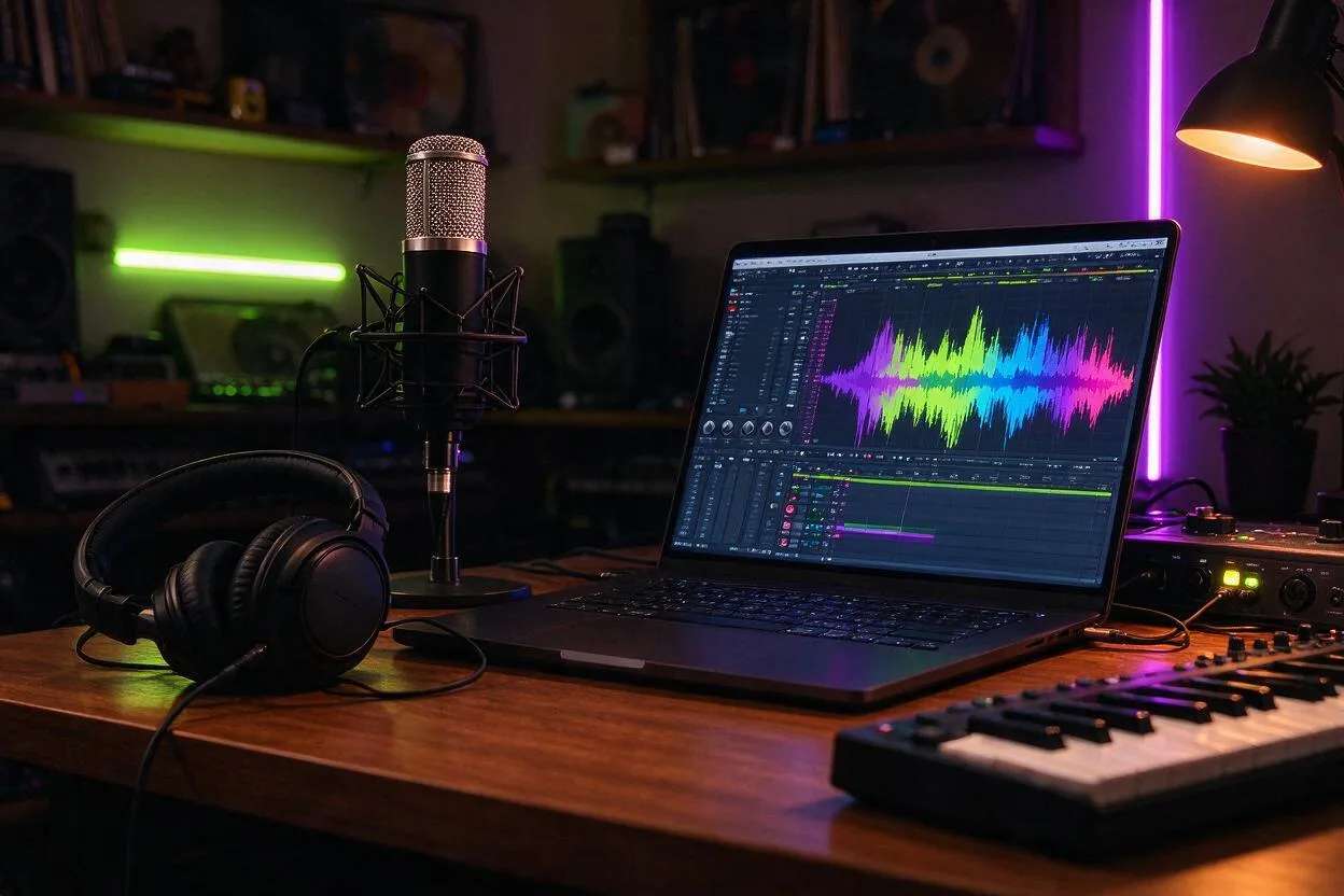 A home music studio with a laptop showing a song waveform in a DAW, made with Pixazo AI