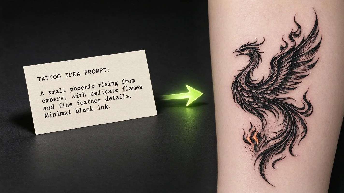 A text prompt turned into a black-ink tattoo design, made with Pixazo AI