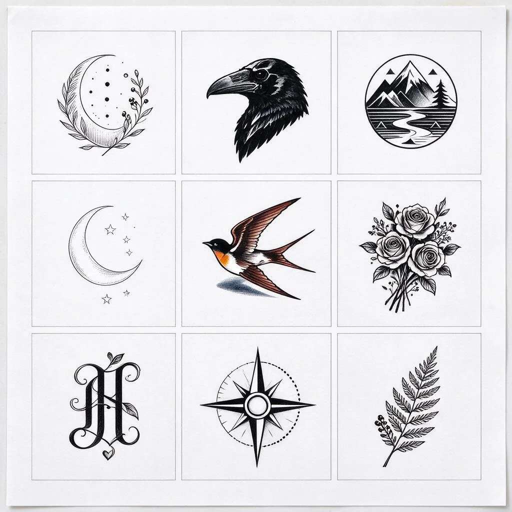 A grid of AI-generated tattoo designs in different styles, made with Pixazo AI