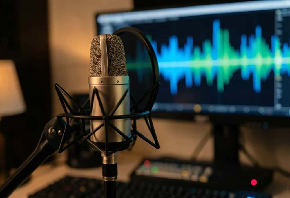 A voice-over recording studio with a microphone and audio waveform