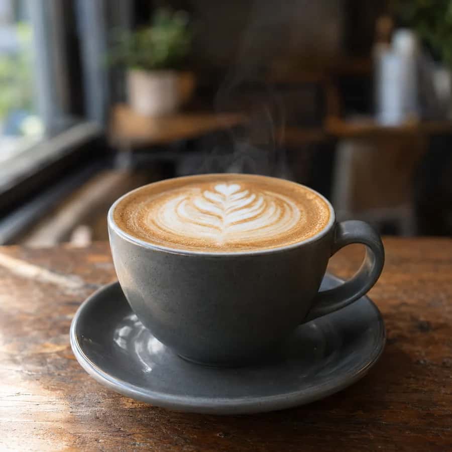 A cinematic cafe flat white with latte art generated by GPT Image 2.5 from a detailed prompt