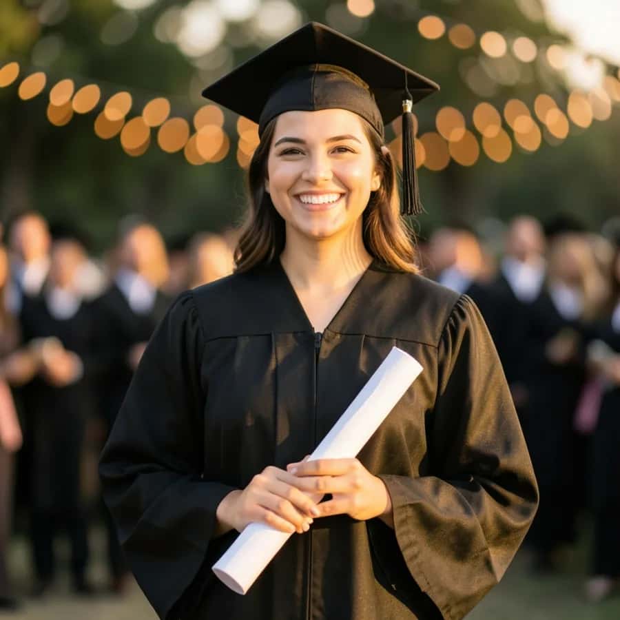 A smiling graduate in cap and gown holding a diploma, a portrait-hero poster created with Pixazo AI