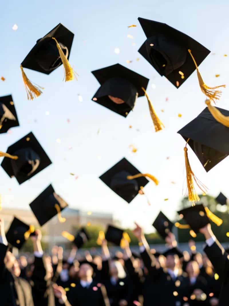 Graduation caps thrown into the sky, a cap-toss poster background created with Pixazo AI