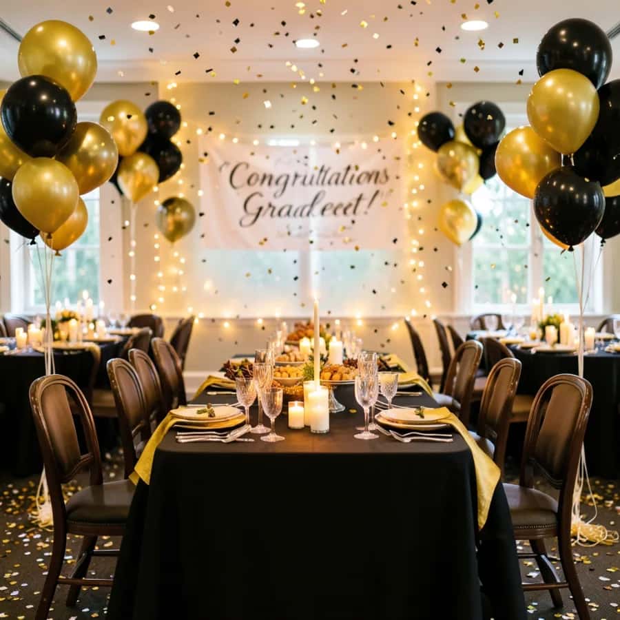 A graduation party table with gold and black balloons and confetti, an invitation poster scene created with Pixazo AI