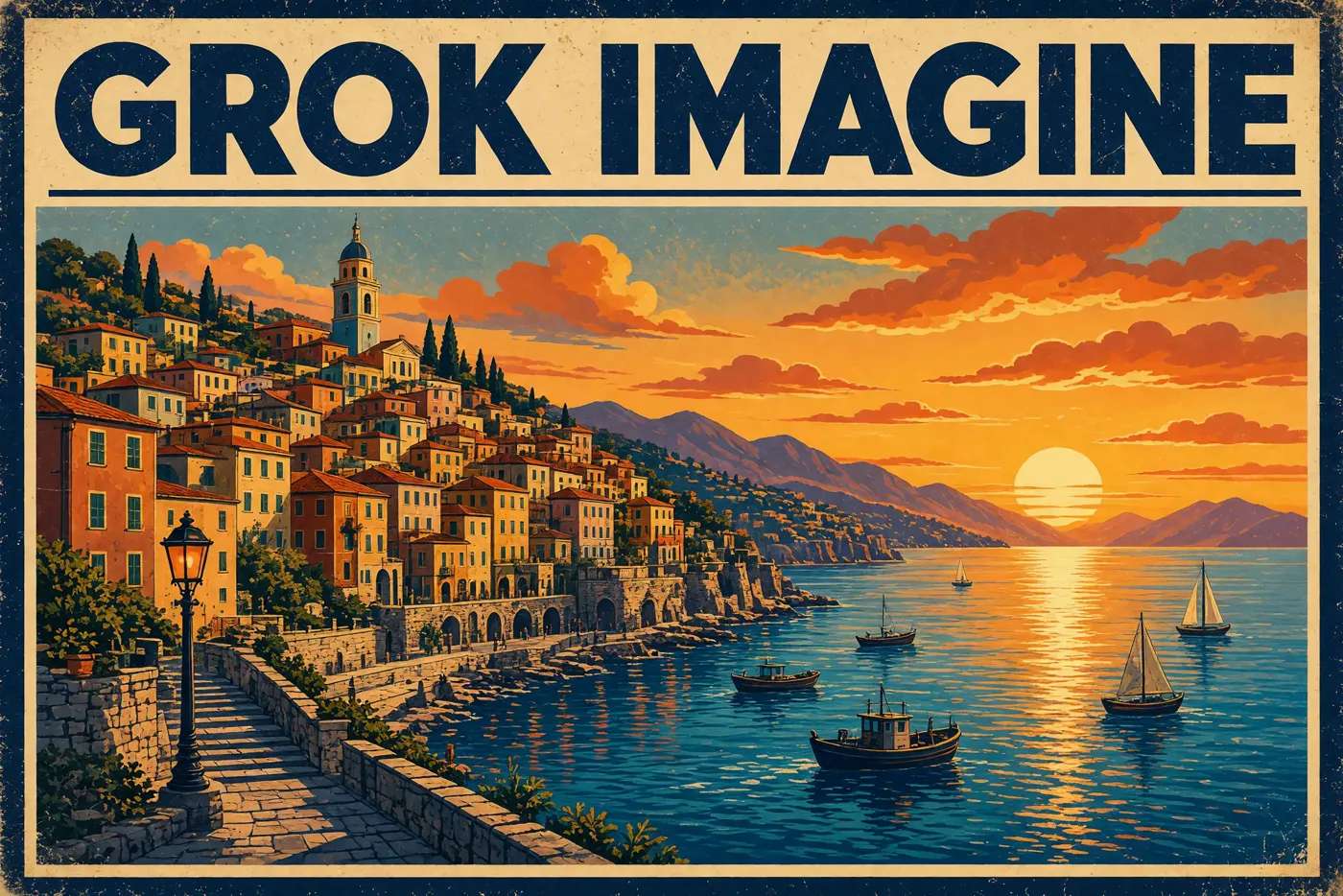 A retro travel poster with legible headline type rendered straight into the frame.