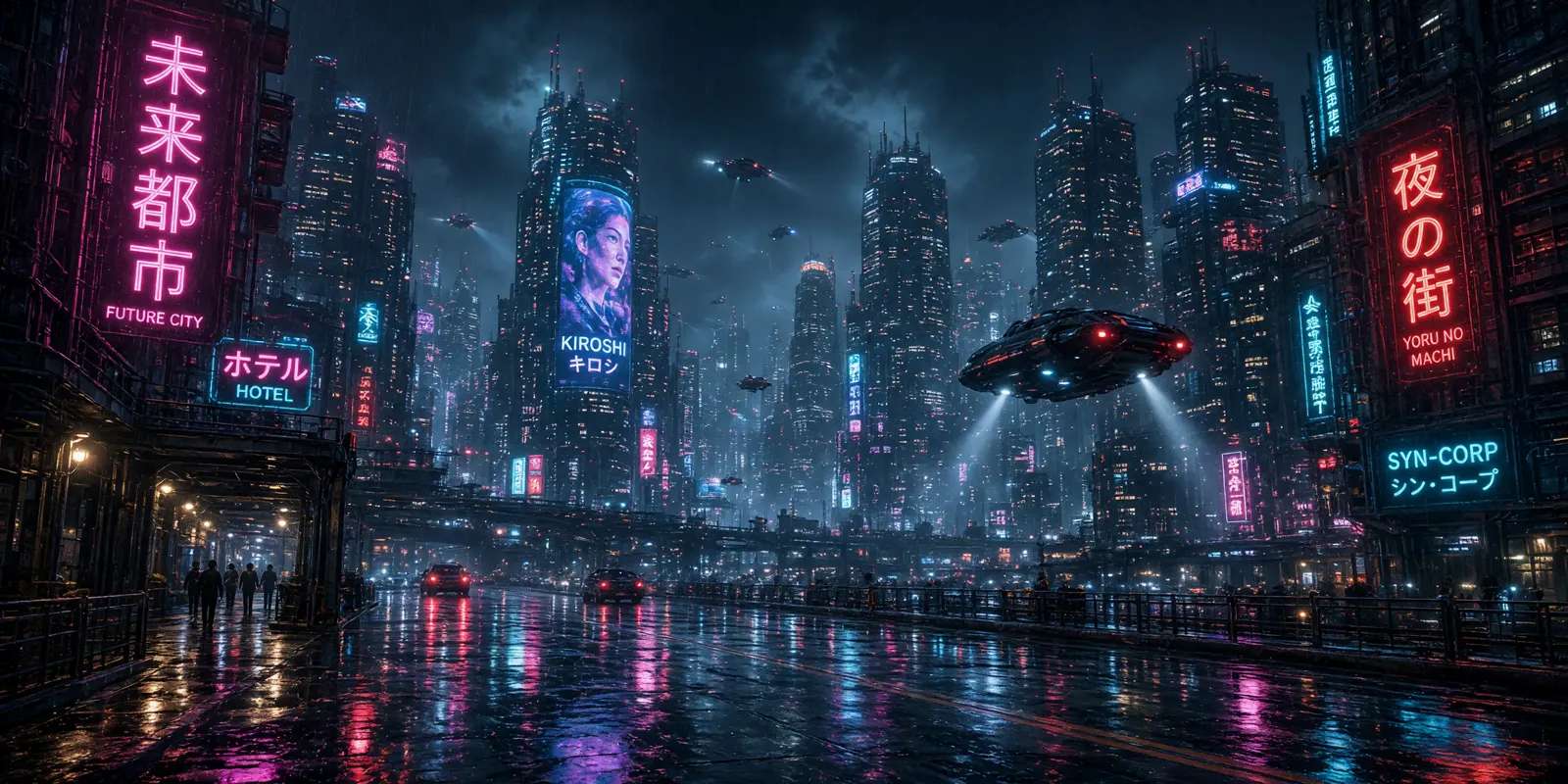 An ultra wide cyberpunk skyline, the widest canvas the model offers.